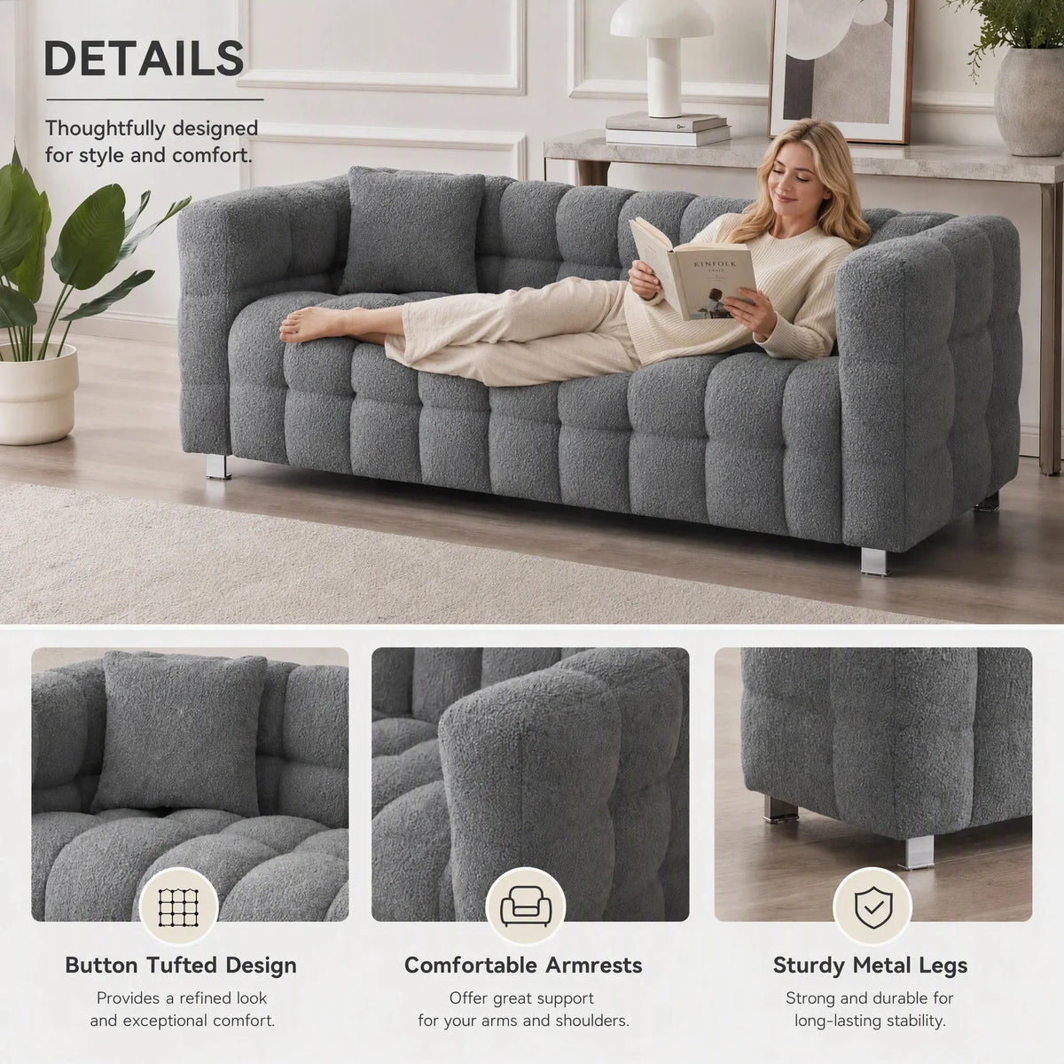 80-Inch Modern Teddy Fleece Sofa, With 2 Cushions 3-Seater