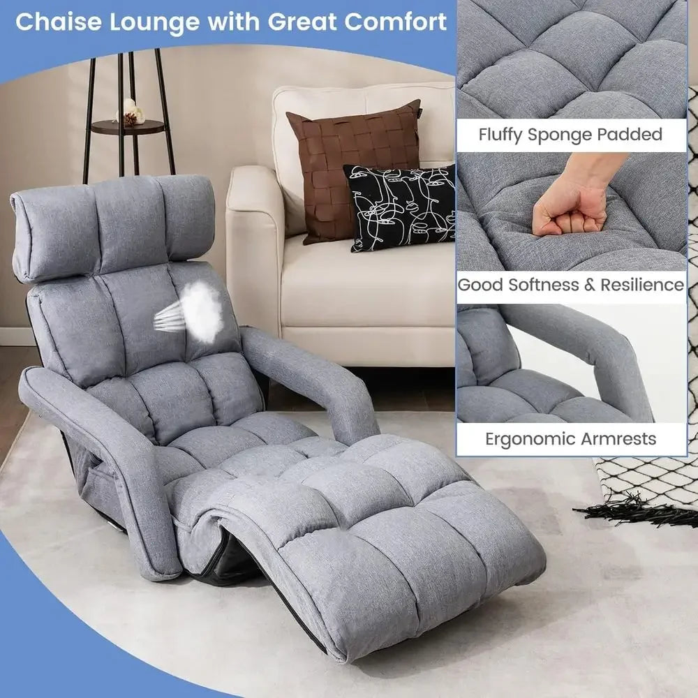 Gray 6-Position Adjustable Padded Lounger Bed with Armrest