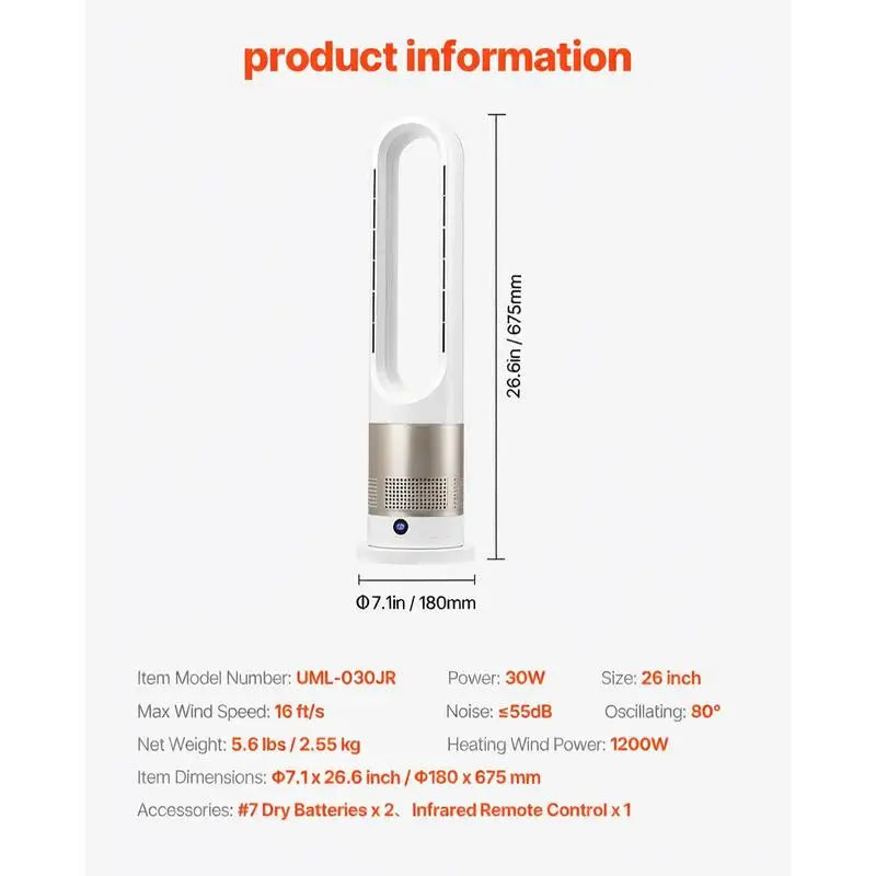 Bladeless Column Fan For Bedroom Office Home,