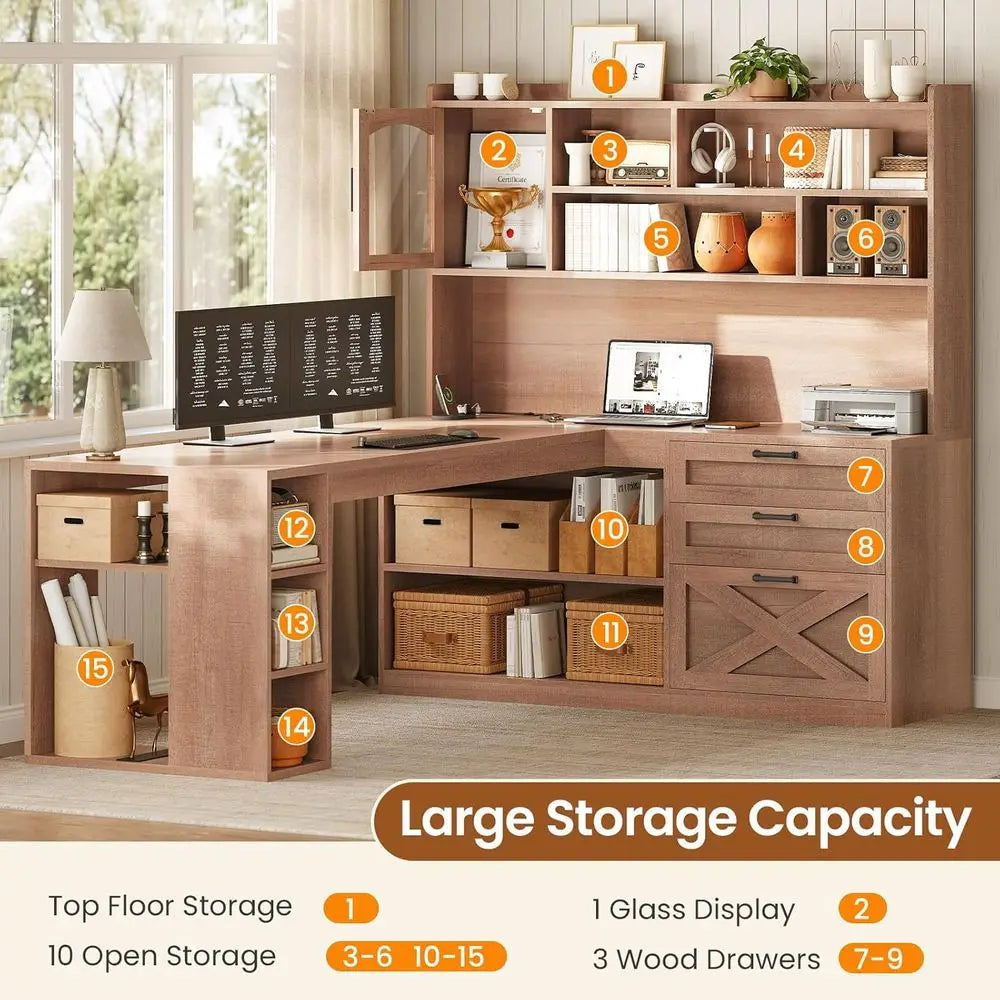 L-Shaped  Storage Desk with LED Light, Power Outlet, and Display Cabinet