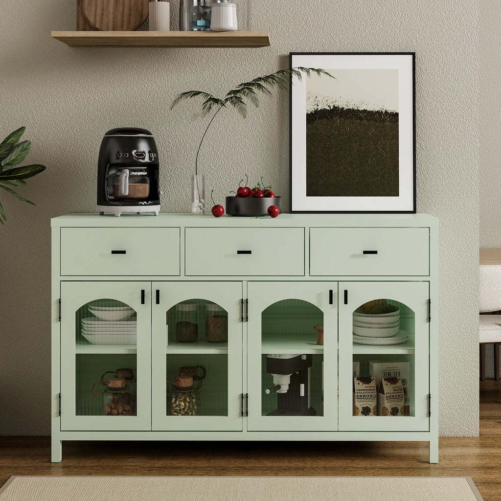 54.4" Sideboard Buffet Cabinet with Storage, Farmhouse Credenza with 3 Drawers & 4 Arched Fluted Glass Doors, Kitchen Coffee Bar for Dining Room, Living Room (Green)