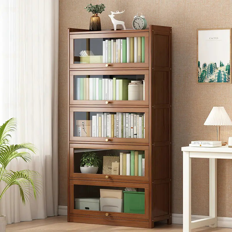 Modern Bamboo Bookshelf Storage Cabinet with Flip Doors 4/5/6 Tier Bookcase