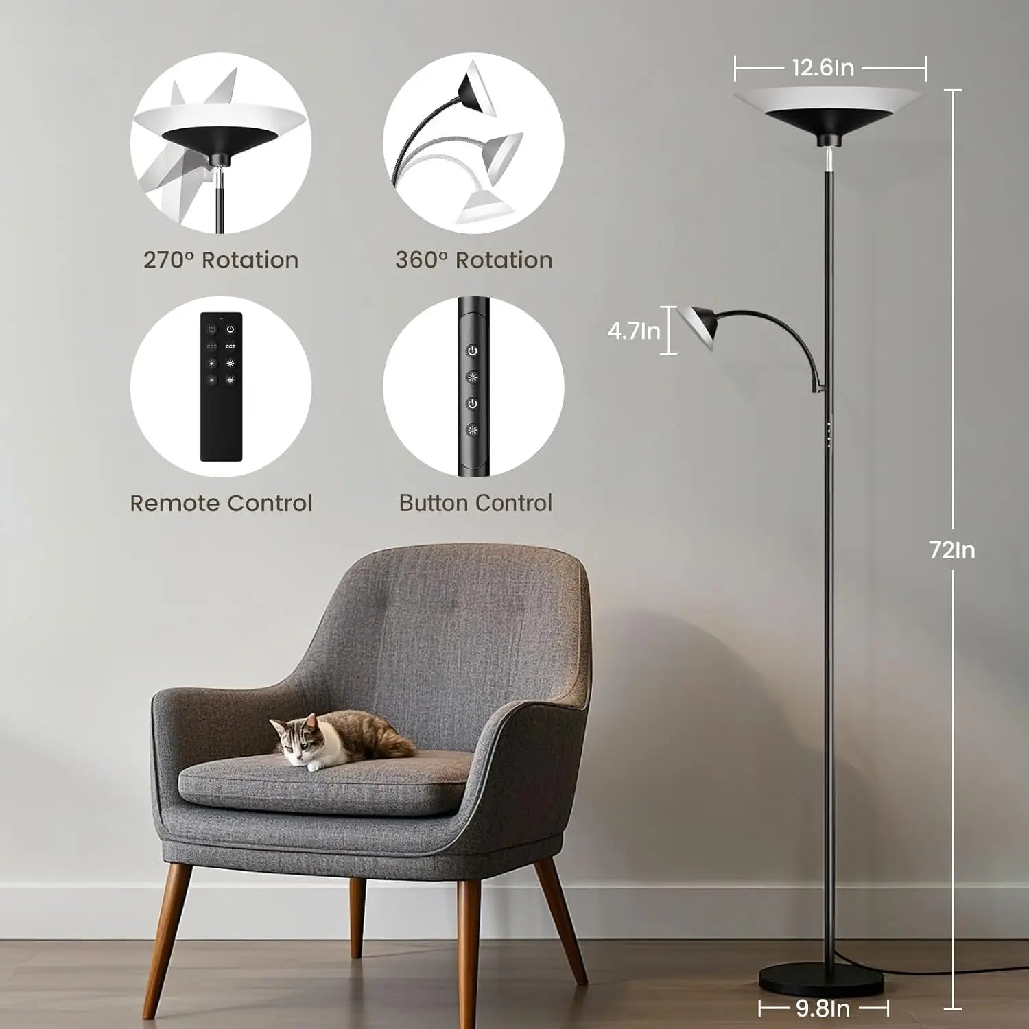 2-in-1 Torchiere Floor Lamp with Remote & Touch Control