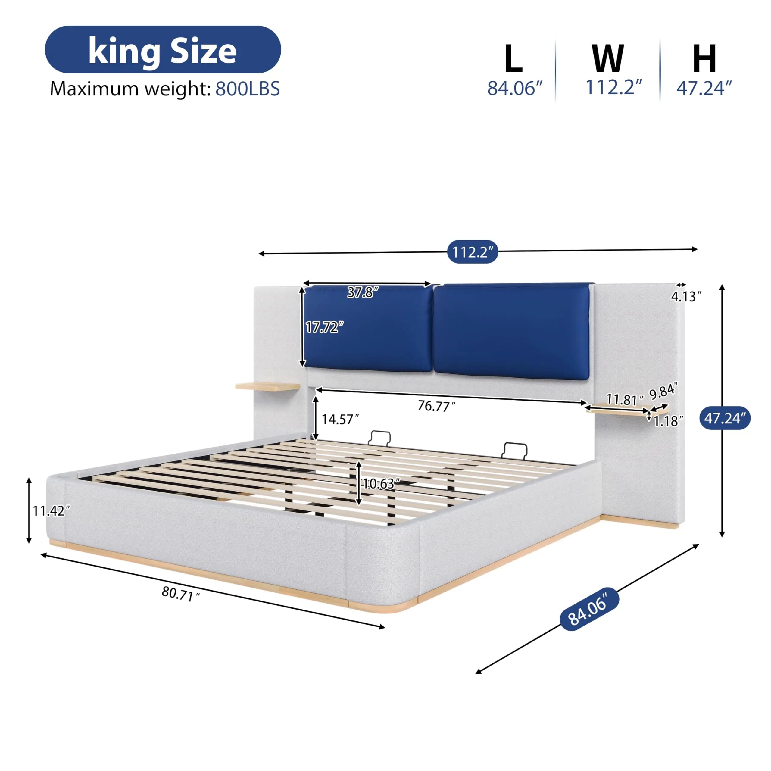 Queen Size Upholstered Bed Frame with integrated Shelves,Thick Headboard and Footboard,Wooden Structure Solid, Noise-Free,No B