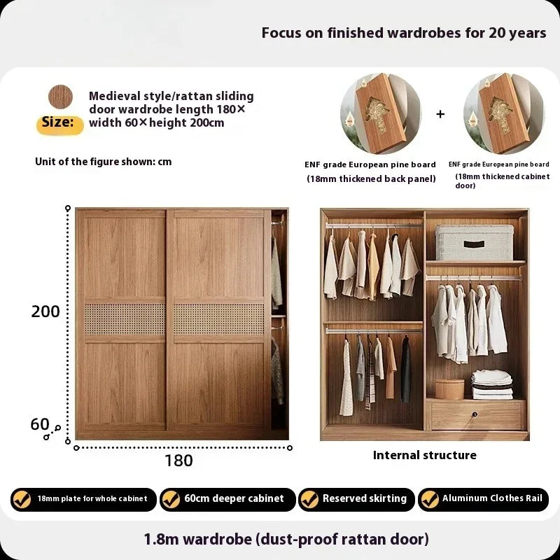 Rattan Armoire Nordic Sliding Door Large Drawers Storage Closet