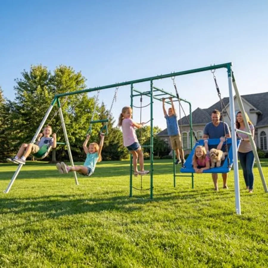 Backyard Swing Set with Monkey Bars, Belt Swing, Platform Swing, Climbing Net, Trapeze Bar