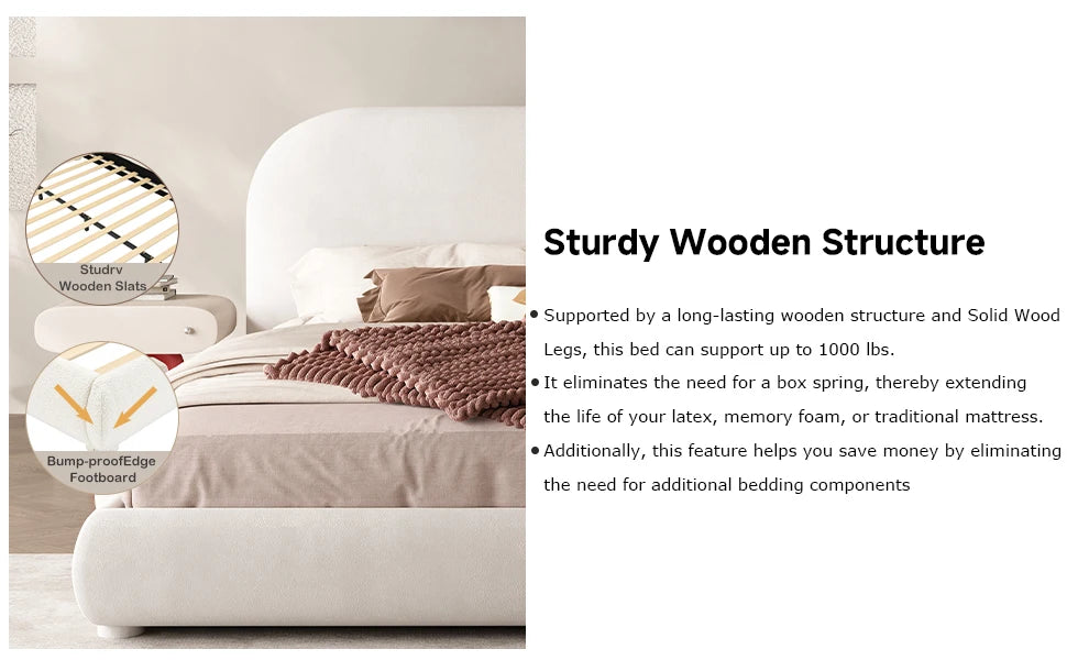 Queen Size Boucle Bed Frame, Upholstered Cloud Bed Frame with Headboard, Soft Platform Bed Frame with Thickened Footboard, Rounded Corners, No Box Spring Required
