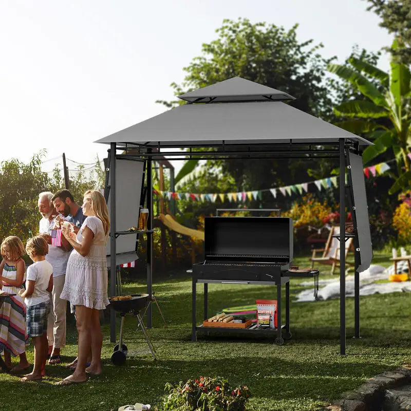 Patio BBQ Grill Gazebo Canopy with Dual Side Awnings-Gray