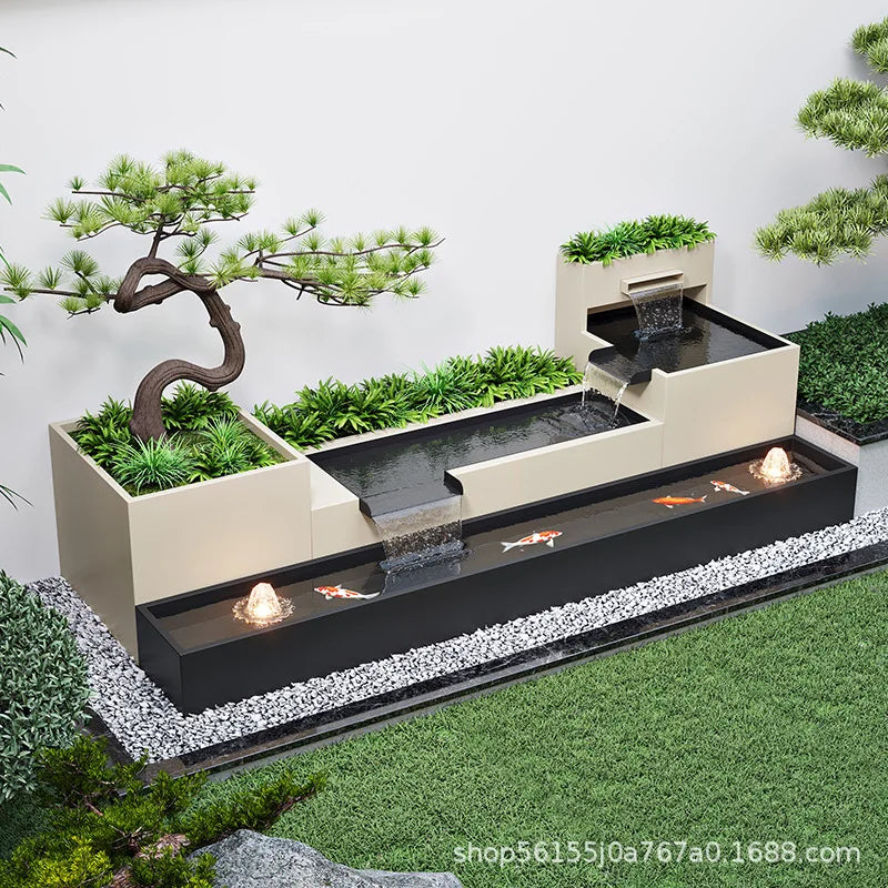 Outdoor flowing water, garden, fish pond, flower bed