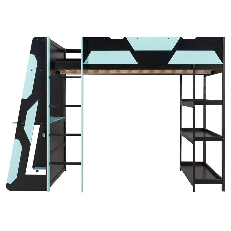 Gaming Loft Bed with Desk, Shelves, and LED Lights,