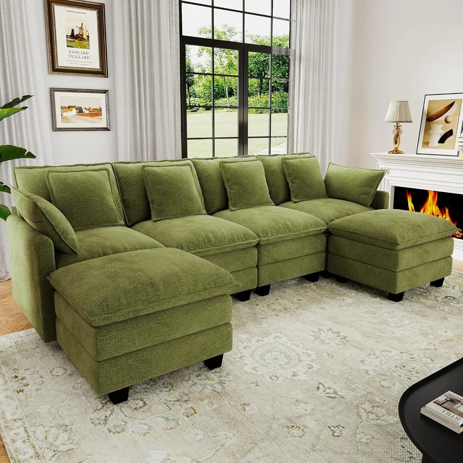 U Shaped Modular Sectional Sofa Deep Seat 4 Seat with 6 Washable Pillows