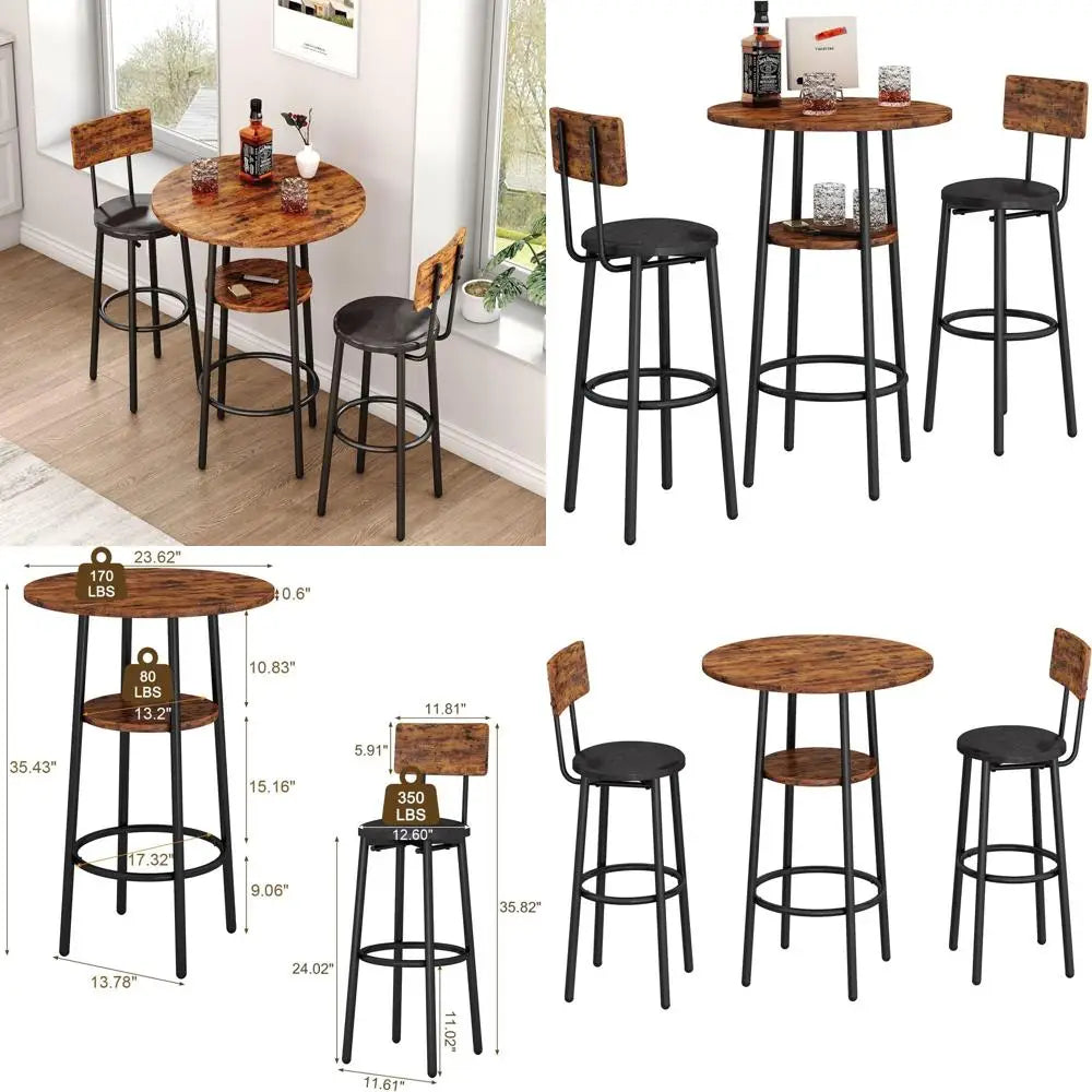 3-Piece Bar Table Set or 2, Small 2-Tier Round Bistro Pub Dining Table & PU Upholstered Stools with Backrest, Counter Height Tab