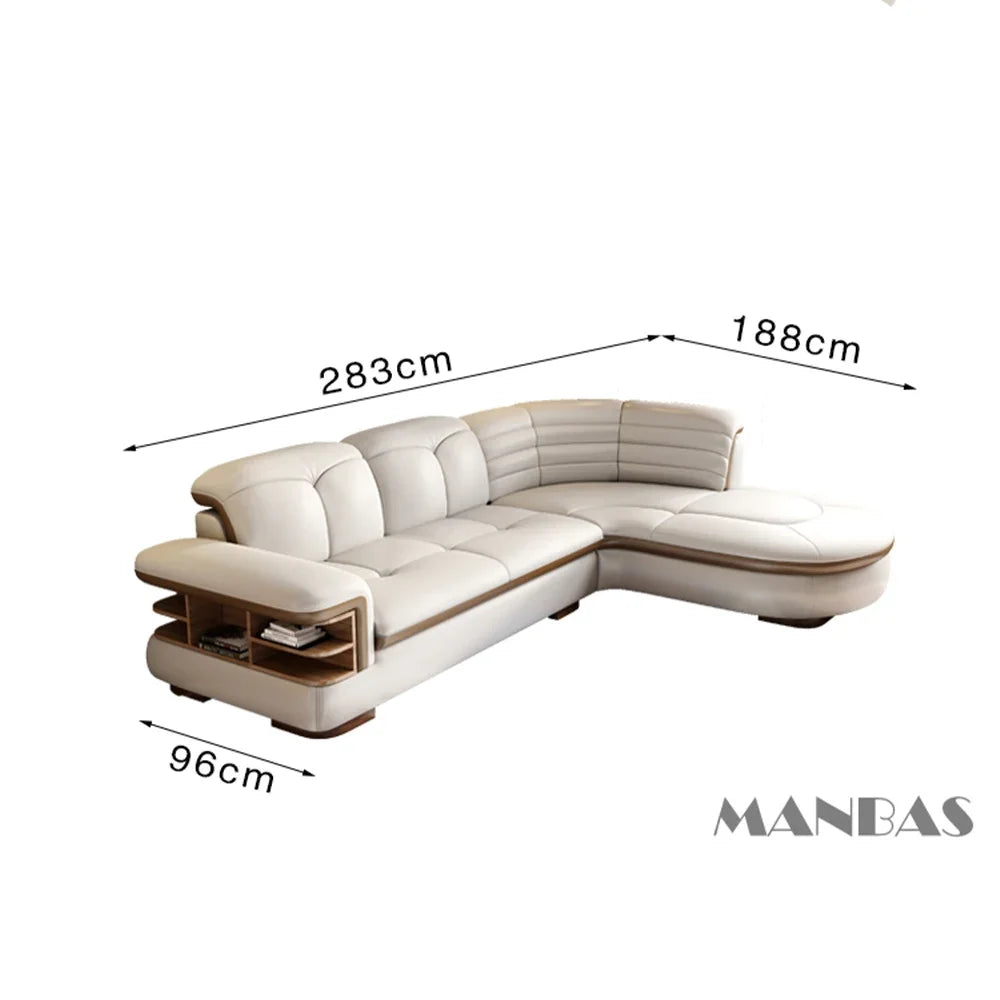 Luxury L-Shaped Genuine Leather Sectional Sofa Sets with USB, Bluetooth Speaker