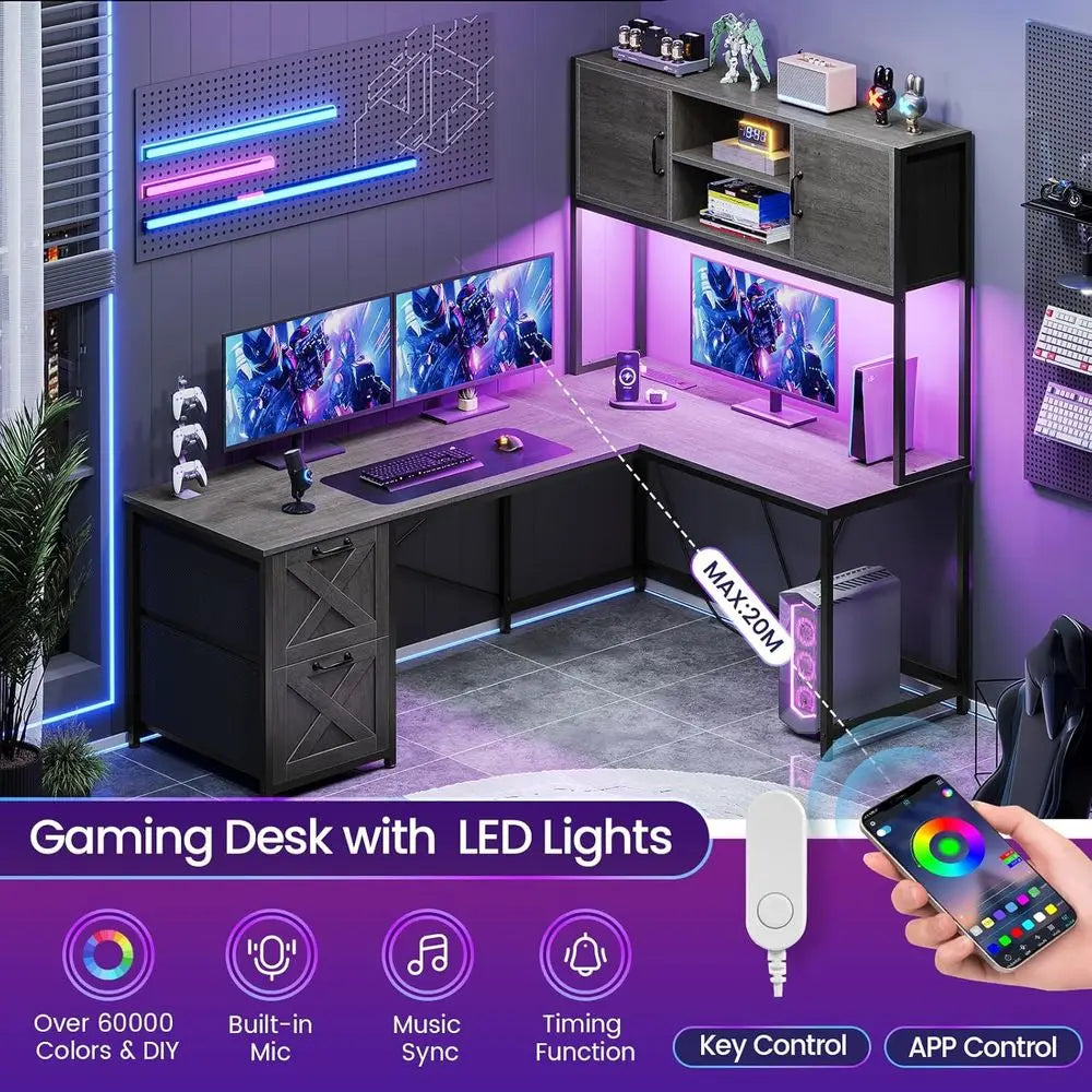Grey L-Shaped Gaming Desk with Fabric Drawers, Power Outlet, LED Lights, Hutch