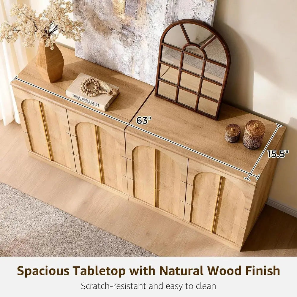 63 Natural Oak Sideboard Buffet Cabinet with Storage and Arched Doors for Living Room, Kitchen, or Entryway