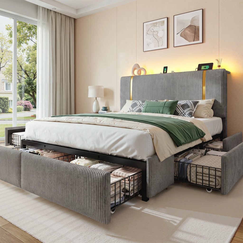 Bed Frame with 6 Storage Drawers, Soft Upholstered with LED Light