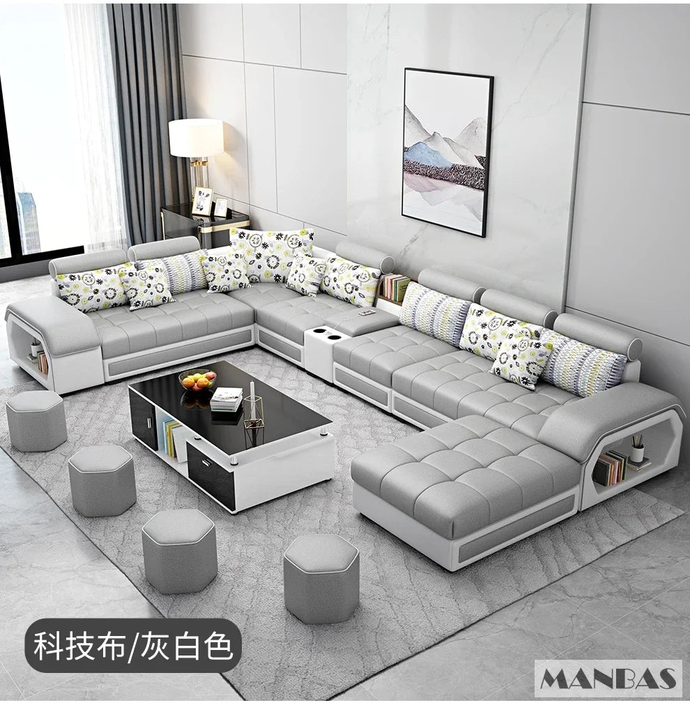 Fabric Sofa Set Furniture, Living Room Sofa Set, with USB and Stools / Big U Shape Cloth Couch Sofas for Home Furniture