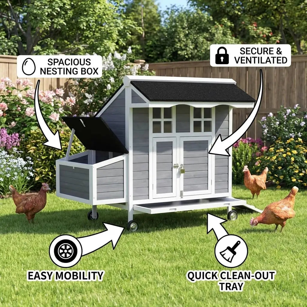 Mobile Chicken Coop with Wheels Nesting Box Pull-Out Tray