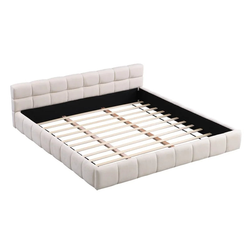 Elegant Beige Chenille King Bed with Checkerboard Pattern