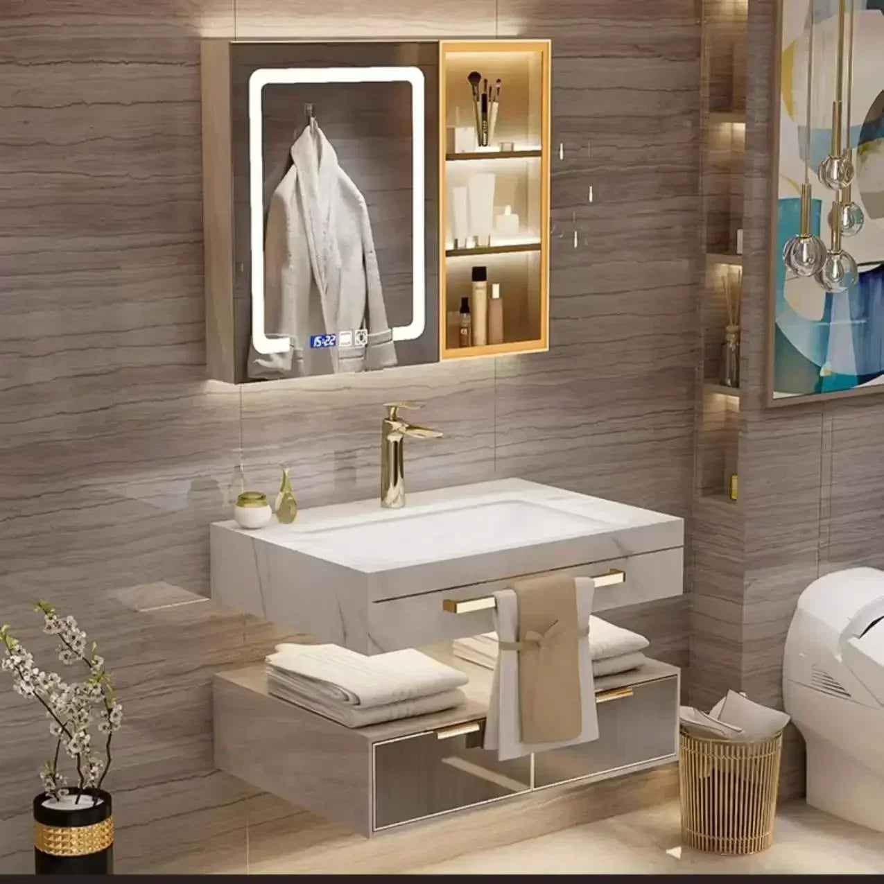 Bathroom Cabinet  Slate Smart Mirror  Double Washbasin
