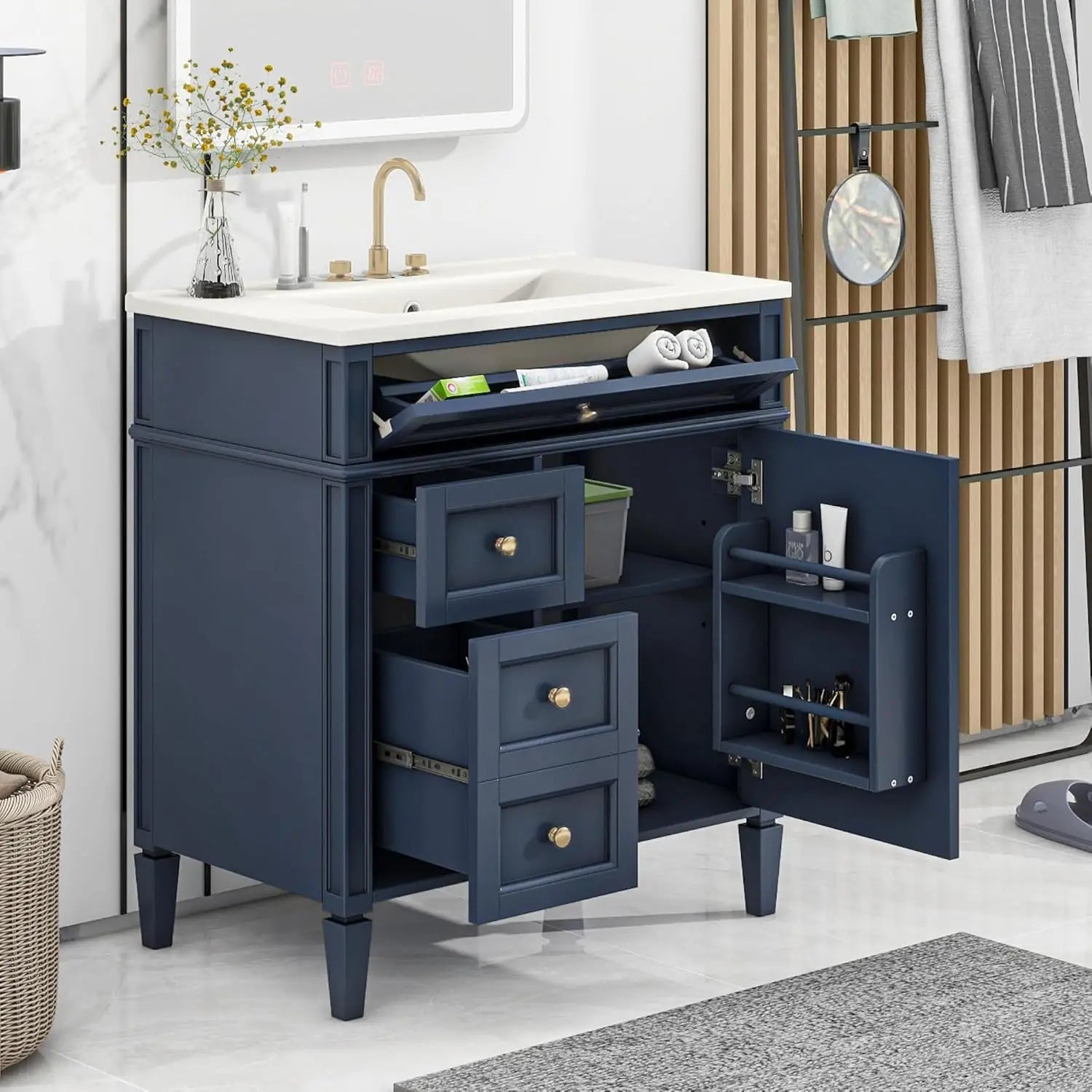 30" Bathroom Vanity Ceramic Sink Modern Freestanding Storage