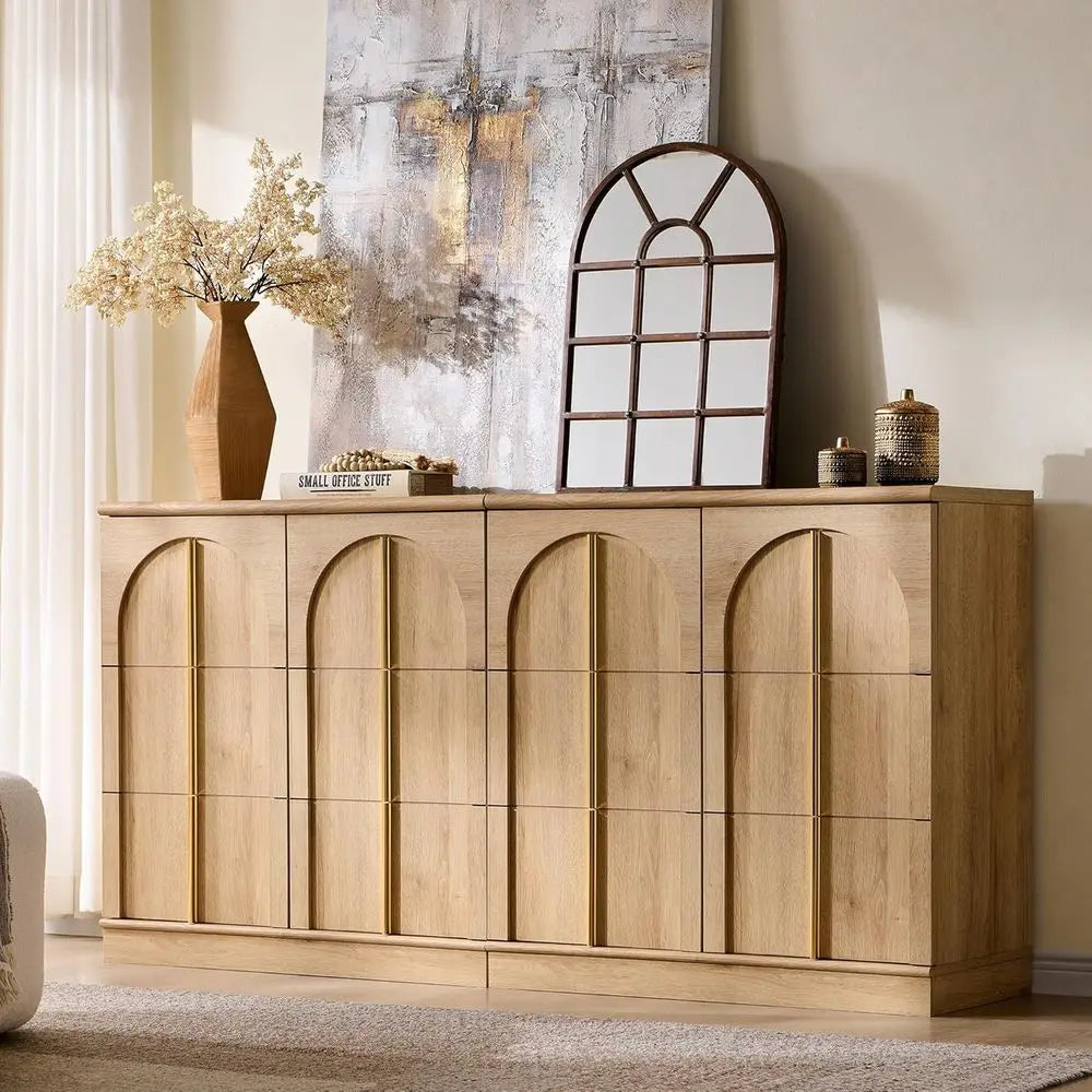 63 Natural Oak Sideboard Buffet Cabinet with Storage and Arched Doors for Living Room, Kitchen, or Entryway
