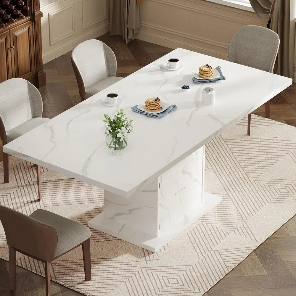 Expandable Marble Top Dining Table, Seats 4-6, 47-63 Inches with Storage