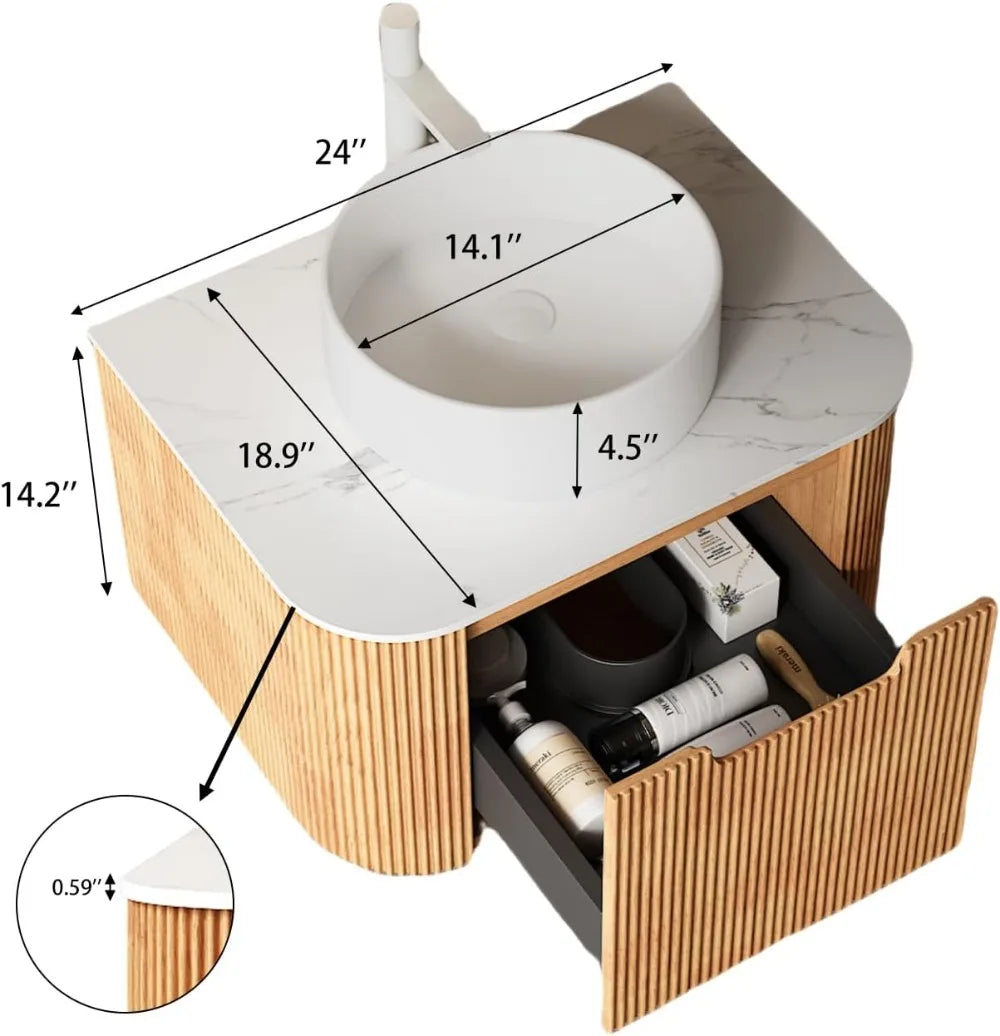 24" Floating Bathroom Vanity, Solid Wood, White Ceramic Sink