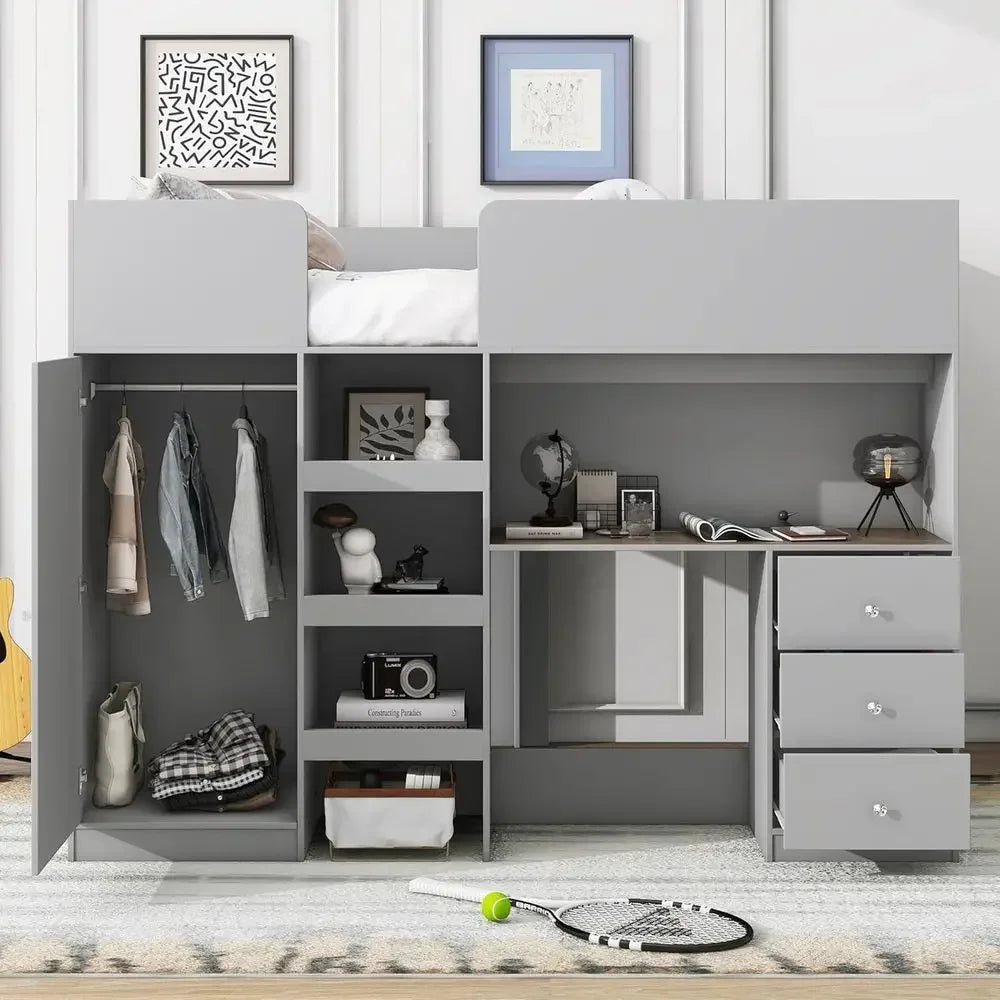Full-Size Multi-Function Loft Bed with Integrated Wardrobe, Desk, and Storage for Kids