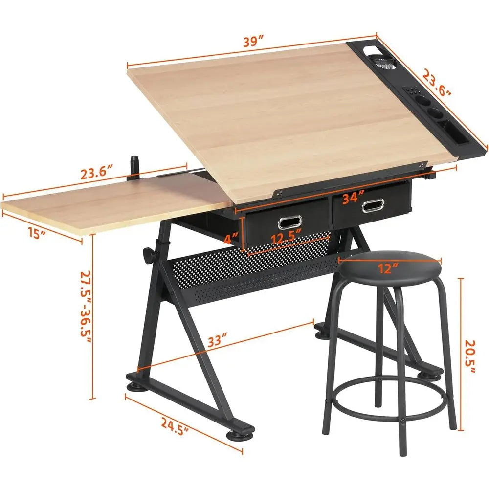 Adjustable Height Artist Desk with Storage Drawers and Stool