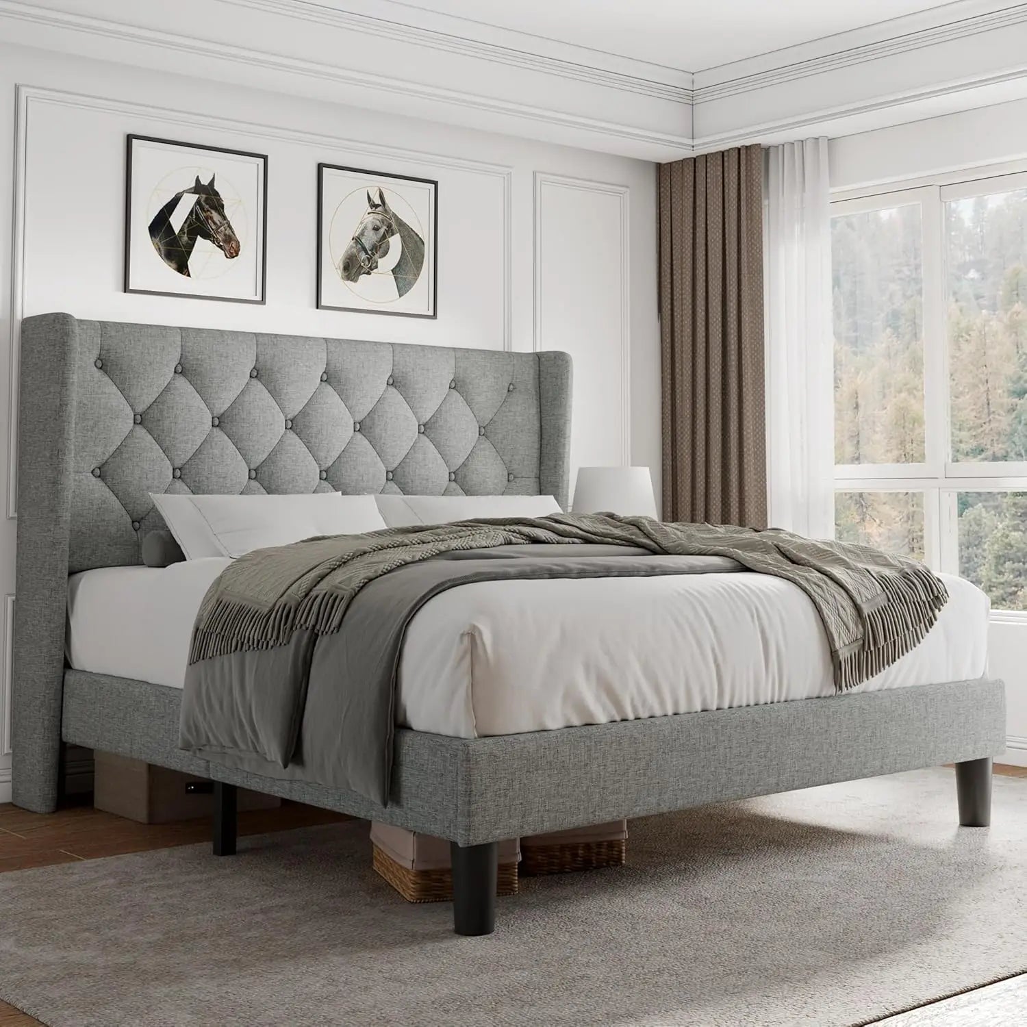Queen Velvet Platform Bed Button Tufted Upholstered Frame