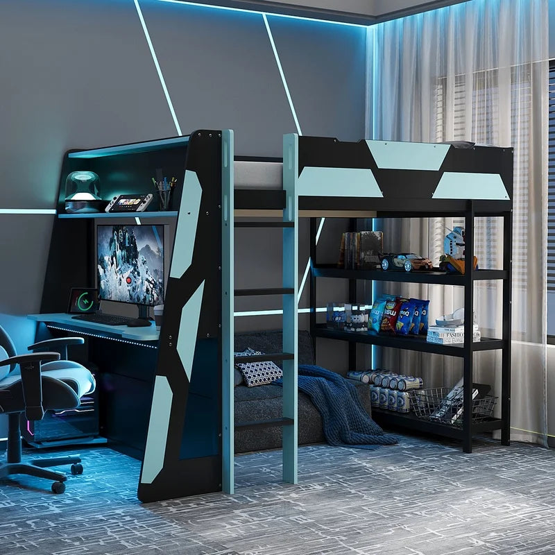 Gaming Loft Bed with Desk, Shelves, and LED Lights,
