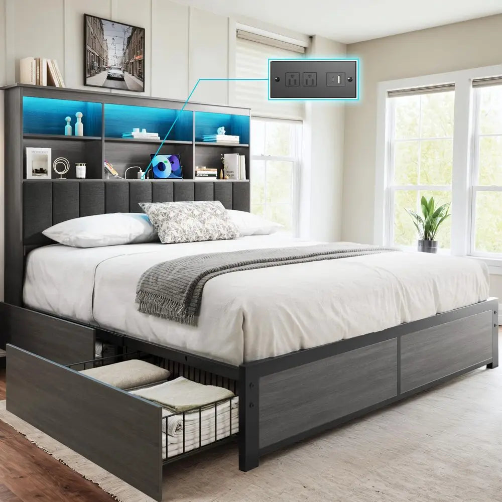 Queen Bed Frame with Storage Headboard, Wooden Bed with High Storage Bookcase, Ship in 2 Boxes, 4 Drawers amp LED amp Charging