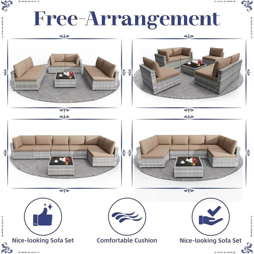 7-Piece Patio Furniture Set, All-Weather PE Rattan Outdoor Sectional Soa, ular Wicker Contion Set with Thick Cushions & Easy-Clea