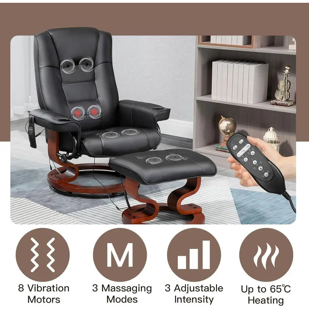 Black Leather Electric Massage Recliner with Ottoman and Swivel Lounge Chair for Relaxation in Living Room, Office, and Bedroom