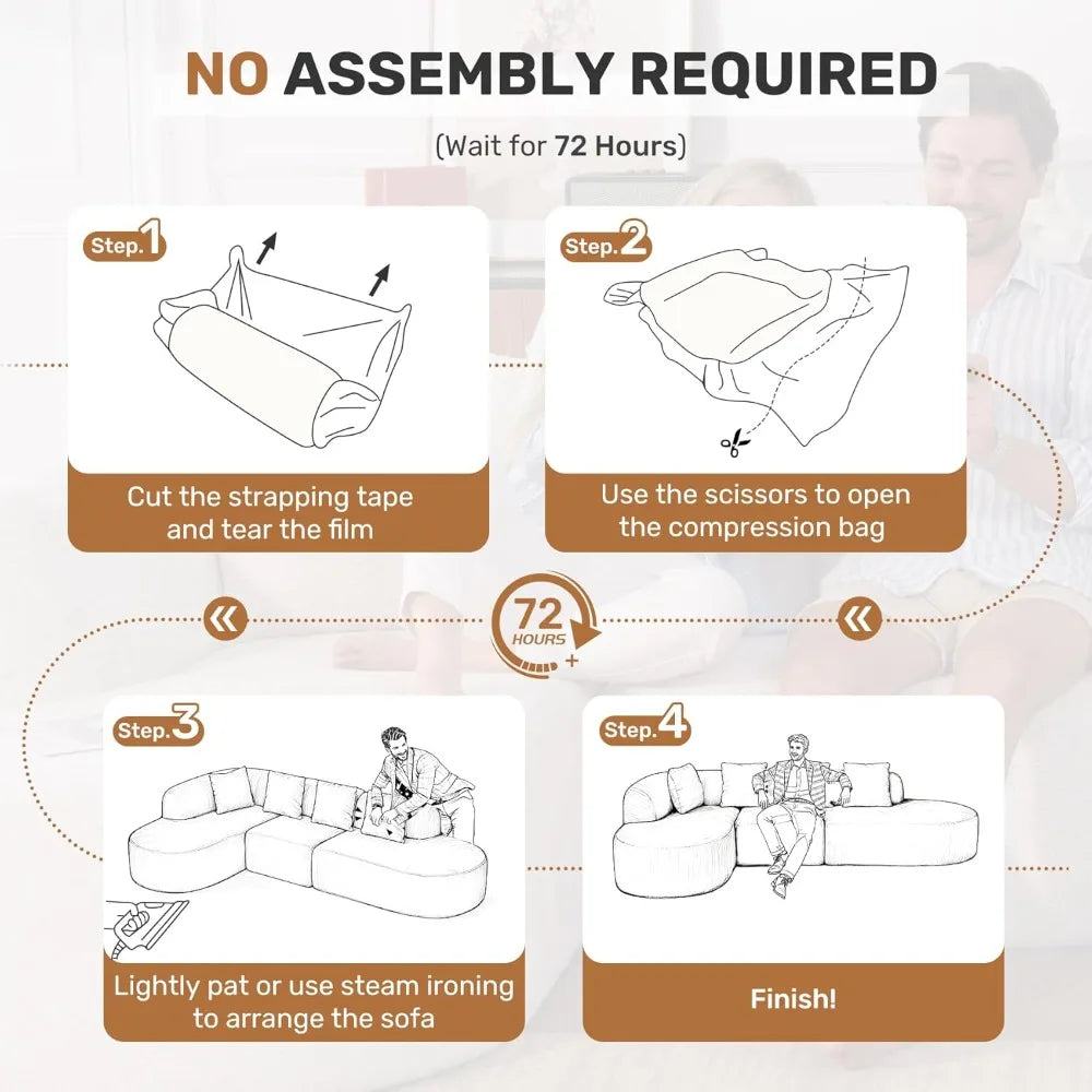 114-inch Frameless Sofa, Modern Modular Sofa with Chaise Lounge, L-shaped Cloud-shaped Sofa