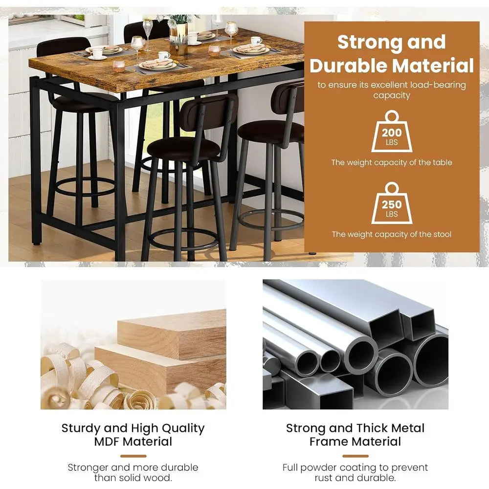 Industrial-Style Counter Height Bar Table Set with 4 Leatherette Stool Chairs, Ideal for Small Spaces