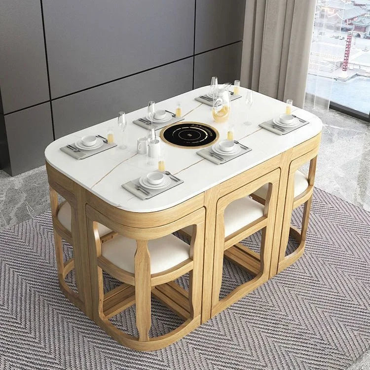 Modern Square Marble Top Complete Dining Table Set of 4 or 6 Chairs for Home Use