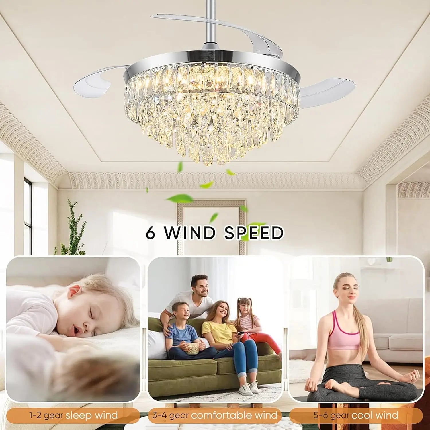 42 Inch Chrome Retractable Ceiling Fan With Light, Remote