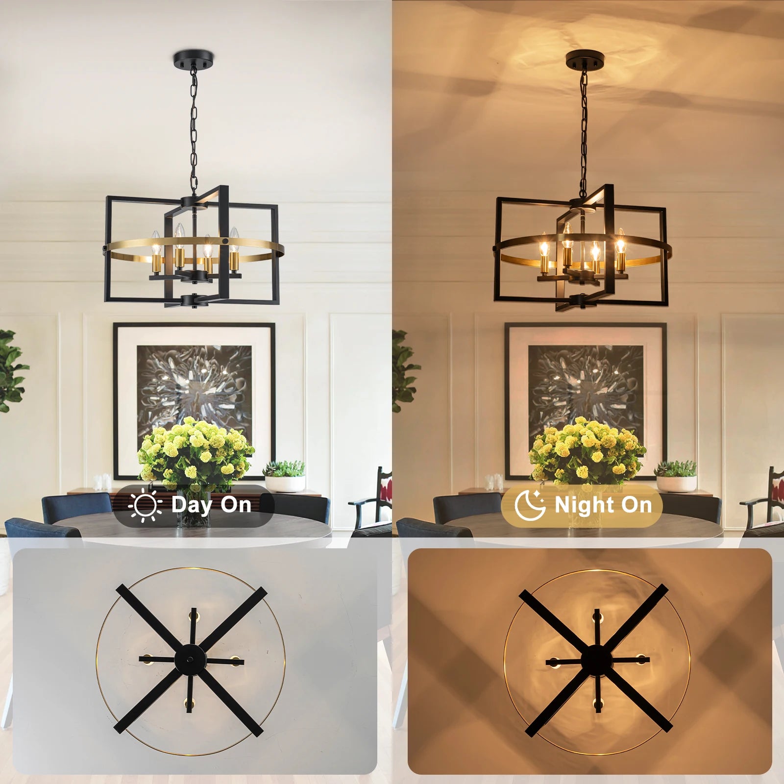 21.26'' Black Gold Chandelier 4-Light Modern Industrial Pendant Light Entryway Chandelier Farmhouse Ceiling Lighting Fixture