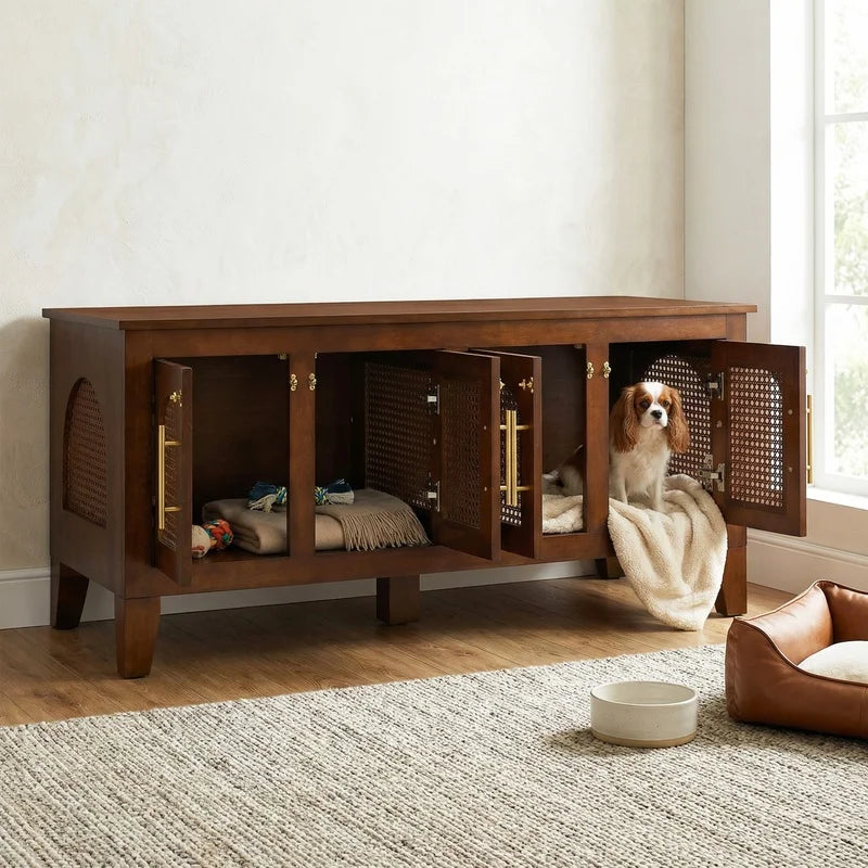 Large Indoor Rattan-Style Rubber Wood Dog Crate Cabinet with 4 Doors
