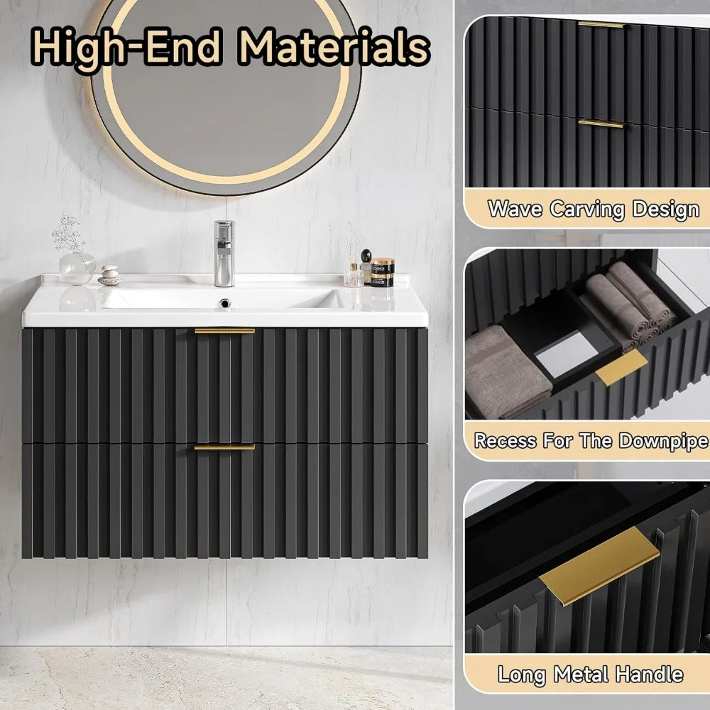 30 Inch Bathroom Vanity with Sink Combo, Floating Bathroom Vanity with 2 Fluted Drawers