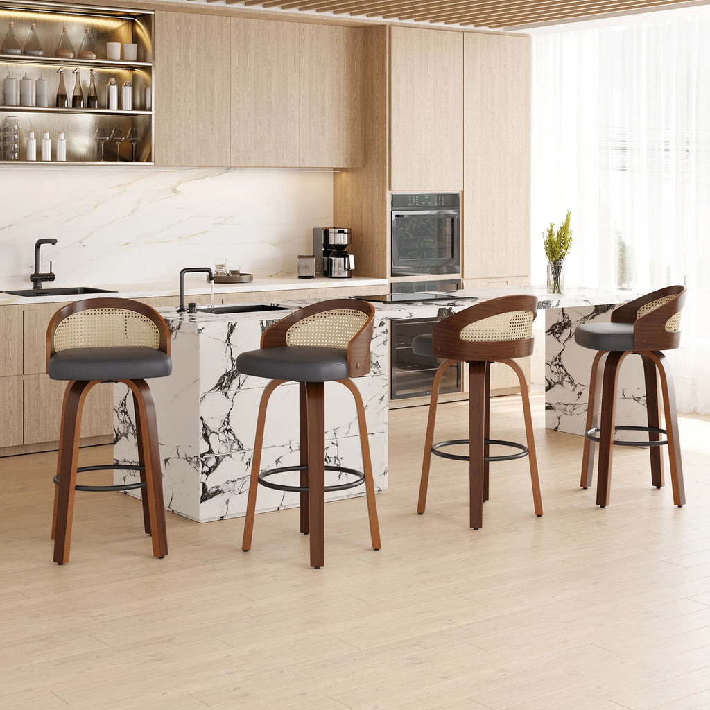 Set of 2 Swivel Bar Kitchen Stools, Modern Wood Frame with Rattan Back,