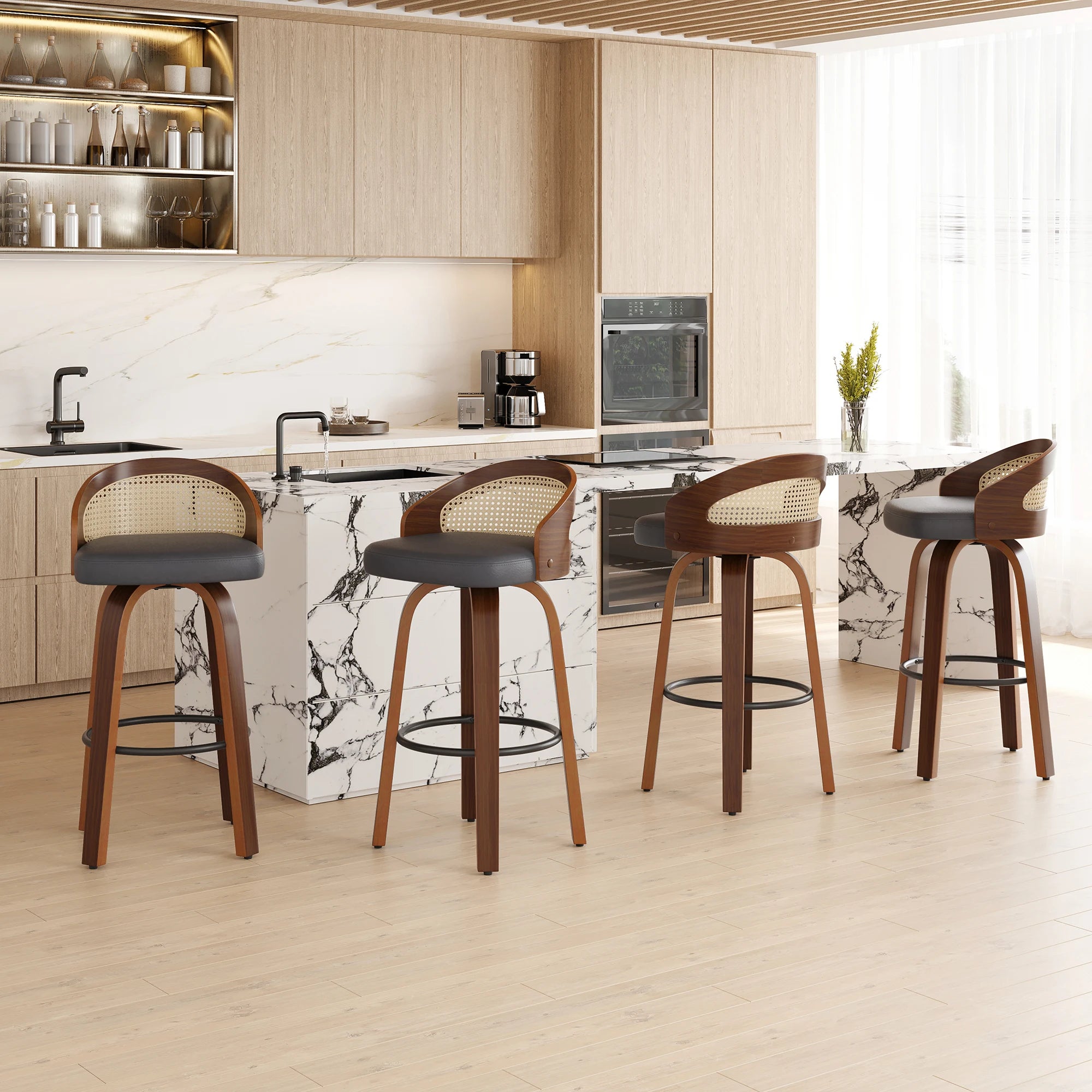 Set of 2 Swivel Bar Kitchen Stools, Modern Wood Frame with Rattan Back,