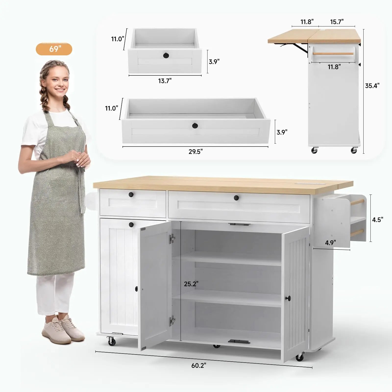 60" Mobile Kitchen Islands Rolling Trolleys Kitchen Island