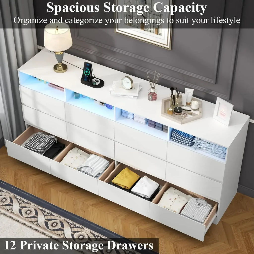 High Quality Postmodern Luxury 12 Drawer White Dresser With Led Lights & Charging Station