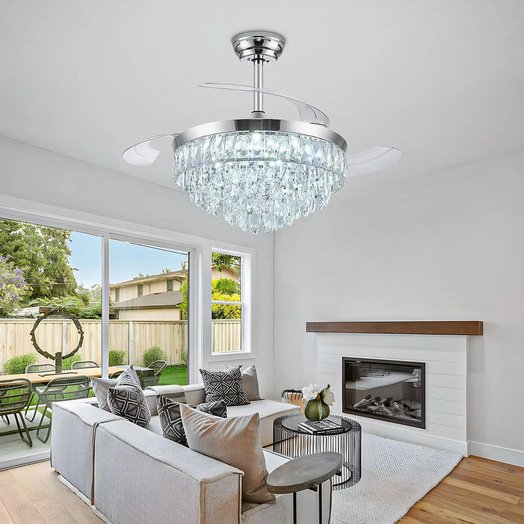 42 Inch Chrome Retractable Ceiling Fan With Light, Remote