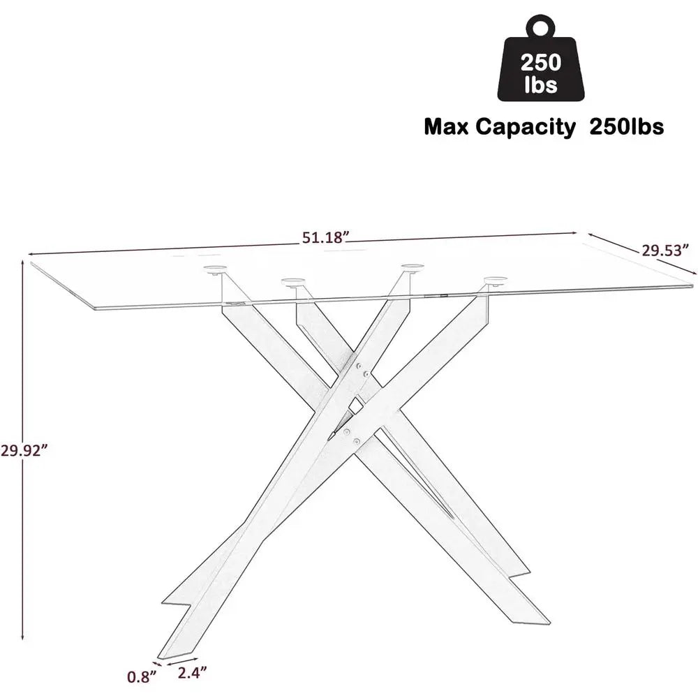 Modern Tempered Glass Dining Table for 4-6, Silver Metal Legs, Suitable for Home Kitchen