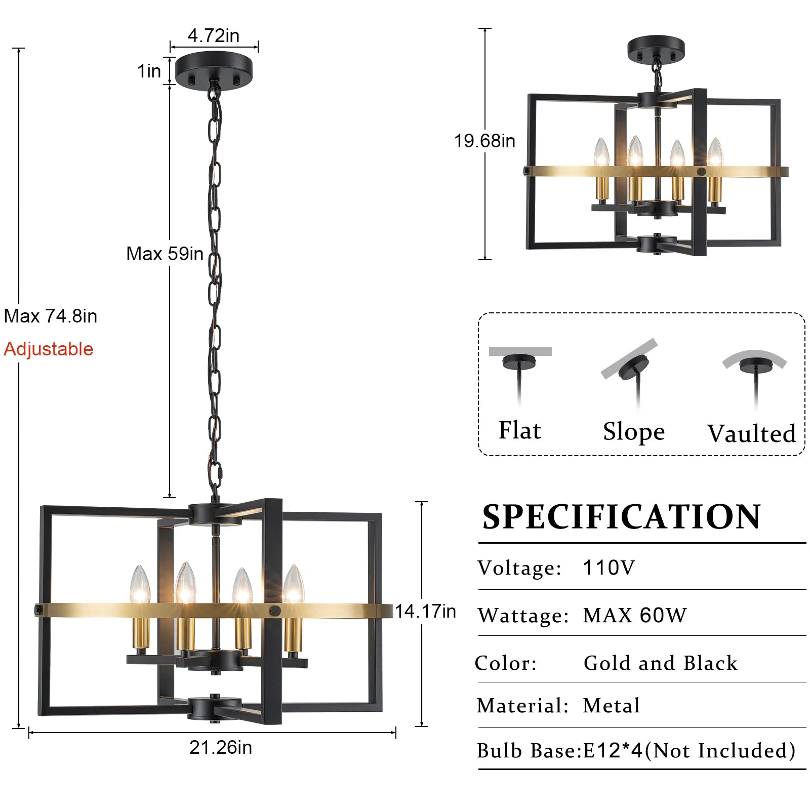 21.26'' Black Gold Chandelier 4-Light Modern Industrial Pendant Light Entryway Chandelier Farmhouse Ceiling Lighting Fixture