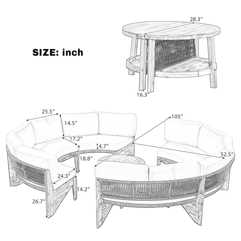 Acacia Wood Half-Moon Outdoor Sofa Set